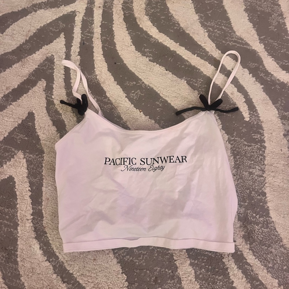 Pacific Sunwear White Tank with Black Logo and bows